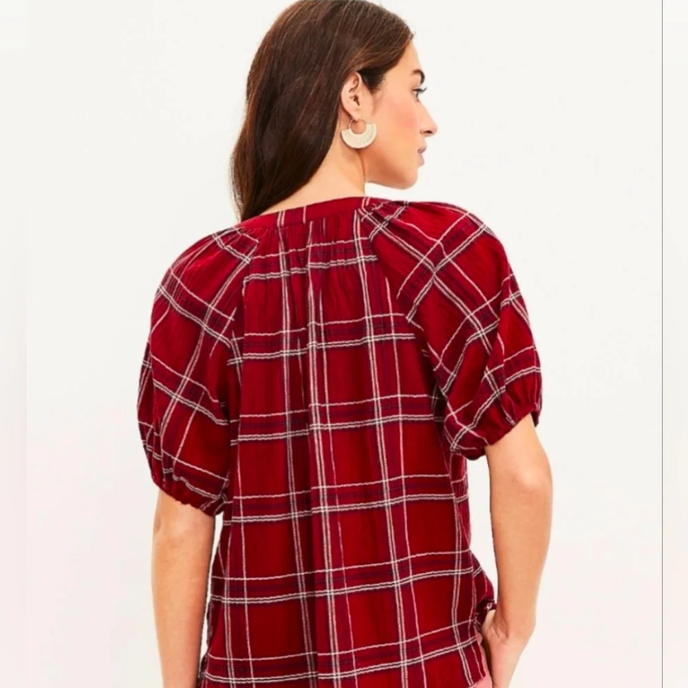 Loft Blouse Red Blue White Plaid Tie-Neck Puff Sleeve Top Size L Petite *NWT